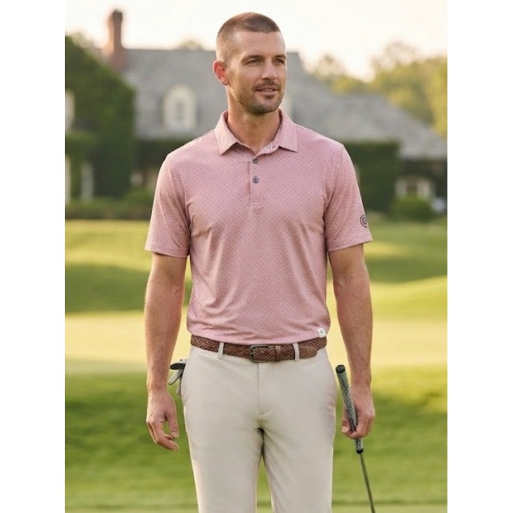 Linksoul Mens Golf Polo Shirt Pink Micro Dot Short Sleeve Performance Size M